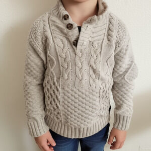 Cat & Jack Kids Sweater Size 4T Grey Cable Knit Mock Neck Three Button Placket